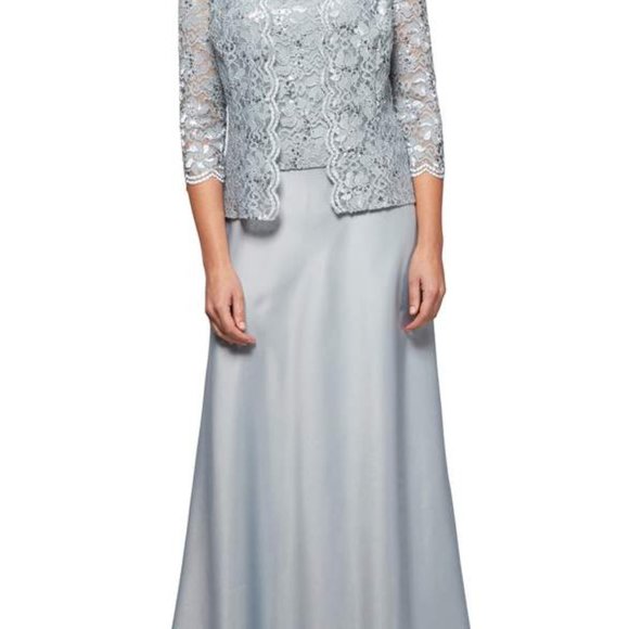 Alex Evenings Silver Sequin Long Dress and Jacket - Mother of the Bride - Picture 2 of 13